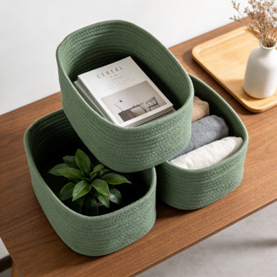 Woven Storage Baskets Set Of 3, Small Organizer Bins For Shelves And Closet, Decorative Rectangular Cube Bins For Home, Nursery, And Office Organization