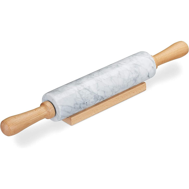 Defonta Marble Rolling Pin For Baking With Wooden Handles Natural White Stone Roller Easy Clean 
