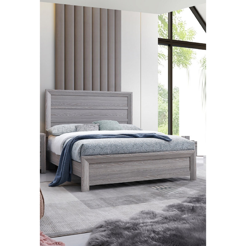 Lit en bois gris de style contemporain avec tête de lit rustique et solide, Lit double