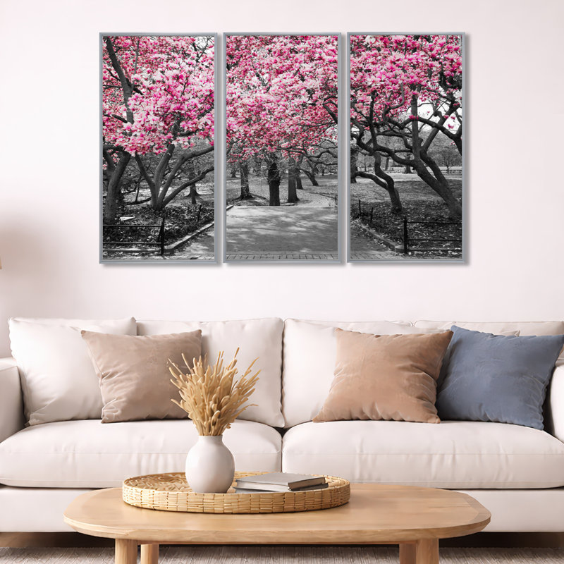 Fleurs de cerisier - ensemble de 3 reproductions d'art encadrées sur toile, H 32 po x l 48 po, Argent argent