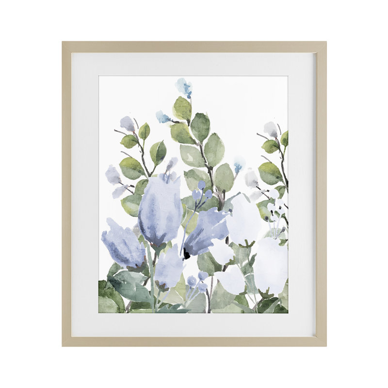 «Blue Spring Botanicals», reproduction d'art sous verre, conception de Kim Allen, H 21 po x l 17 po, Cadre de récolte en pin