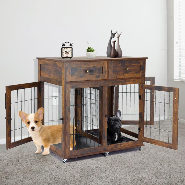 Wooden Dog Crate Furniture 39.4 Heavy Duty Dog Kennel with 2 Drawers End  Table