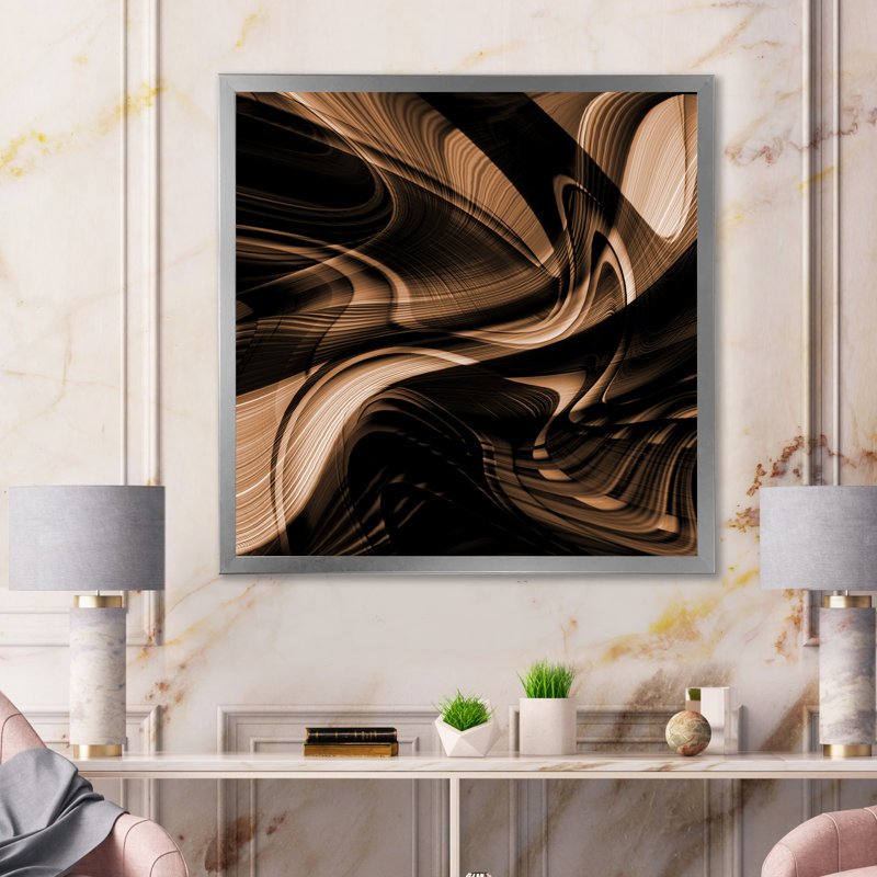 Art abstrait abstrait vague brune - art mural moderne sur toile, H 16 po x l 16 po x P 1 po, Cadre photo argenté