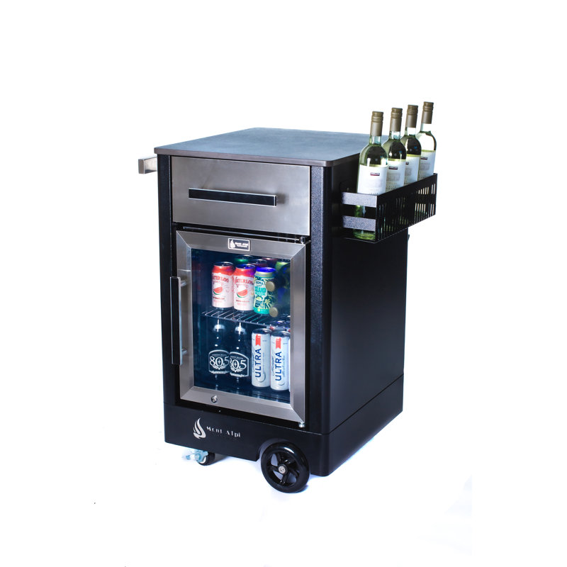 Mont Alpi Outdoor Bar Patio Island Kitchen Mobile Bar Prep Cart Station + Compact Refrigerator