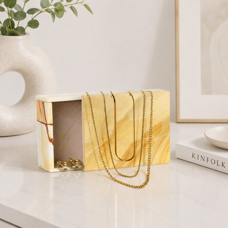 Boîte de rangement en marbre de teck naturel, contenant rectangulaire avec couvercle 2 x 5, bibelot de meuble-lavabo en pierre veiné