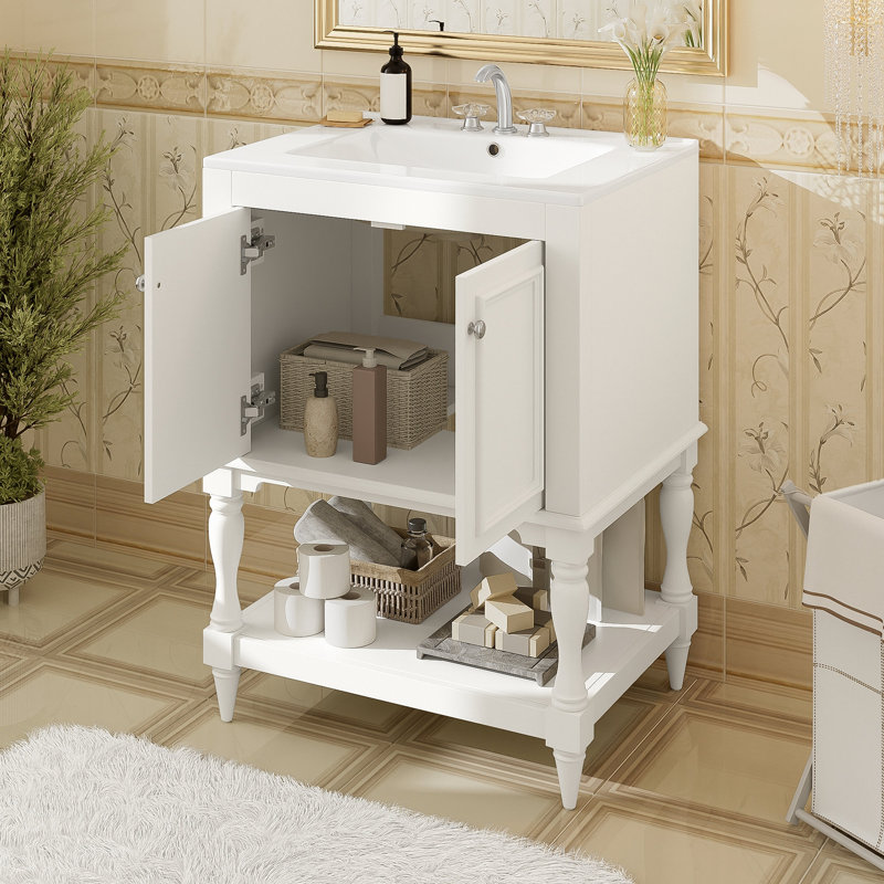 Meuble-lavabo de luxe moderne de 24 po avec lavabo en céramique, meuble de salle de bain avec tablette ouverte et rangement fermé