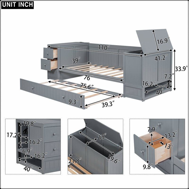 Daybed with Storage Arms, Trundle and Charging Station, Grey