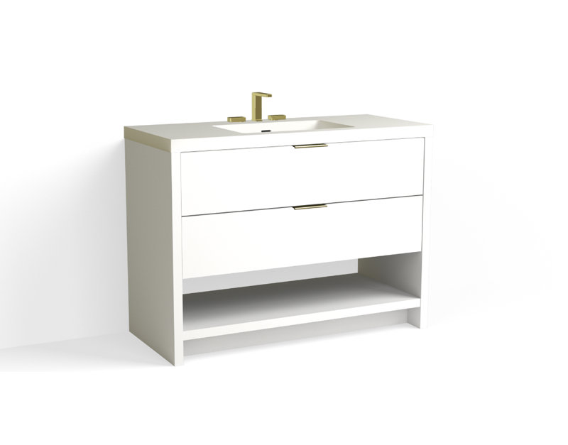 Vue 48" W Freestanding Single Bathroom Vanity, White Nanomatte, Matte White/8" Widespread, Satin Brass