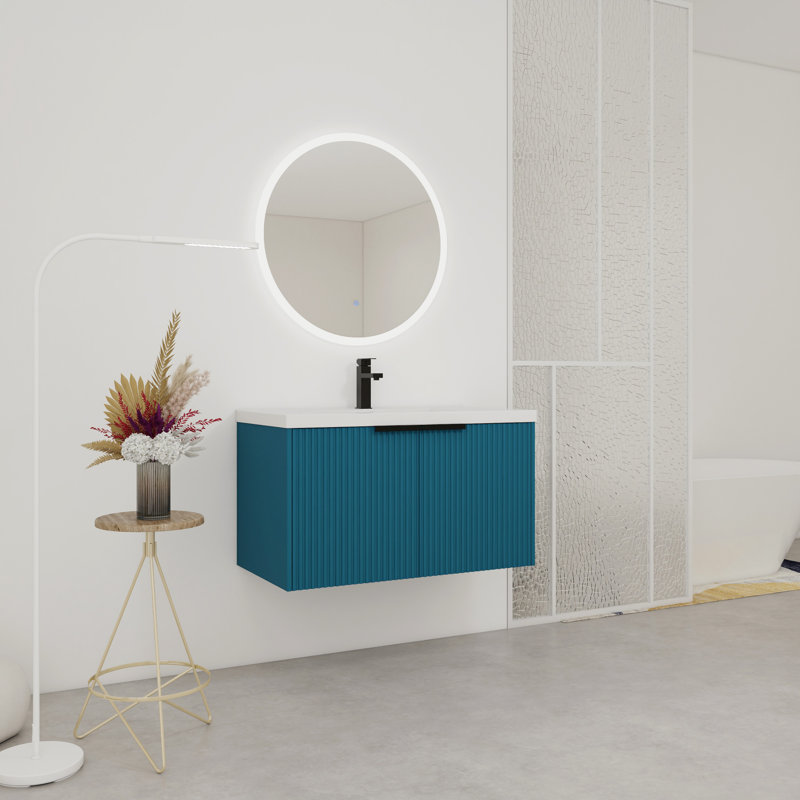 Meuble-lavabo mural 36 po avec lavabo en résine et 2 portes à fermeture en douceur (emballage KD), meuble-lavabo, Bleu lac