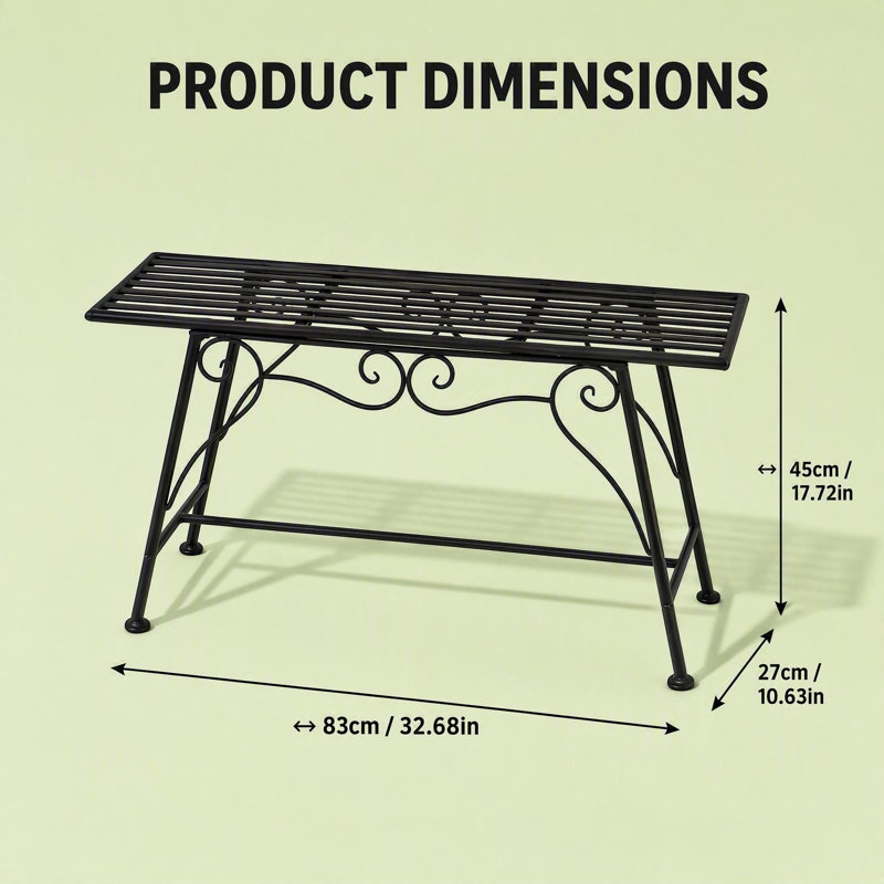 Banc en fer forgé avec assise à lattes et pieds sculptés, idéal pour véranda, terrasse, jardin, intérieur et extérieur.