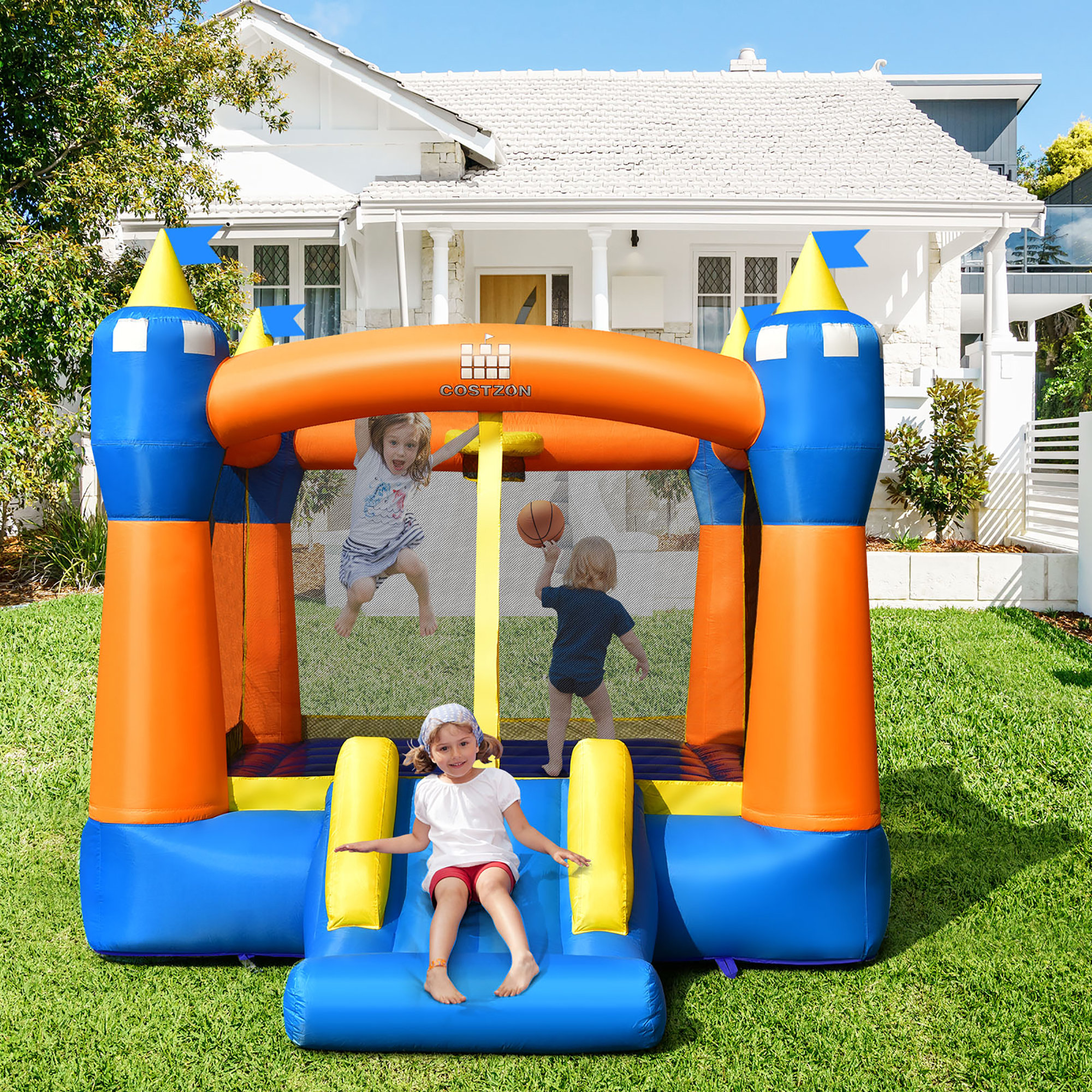 Intex 48259EP Inflatable Jump-O-Lene Castle Bouncer Indoor Outdoor Kids  Jump Bounce House for 2 Kids, Ages 3 to 6 Years 