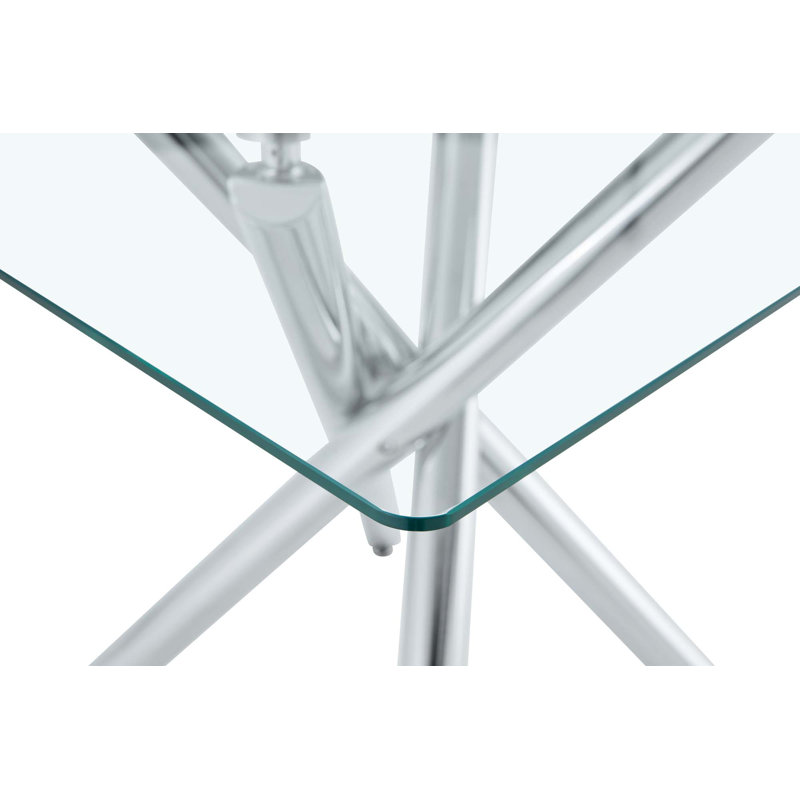 Modern Bar Table With Tempered Glass Top, Sturdy Cross Metal Legs Pub Table For Home Bar, Kitchen Island, Living Room, Silver