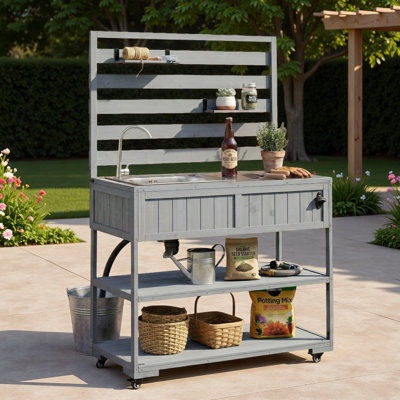 Grand chariot de cuisine pour îlot de cuisine avec évier, plateau de table en acier inoxydable, tablettes ouvertes, 2 tablettes mobiles et 1 ouvre-bouteille