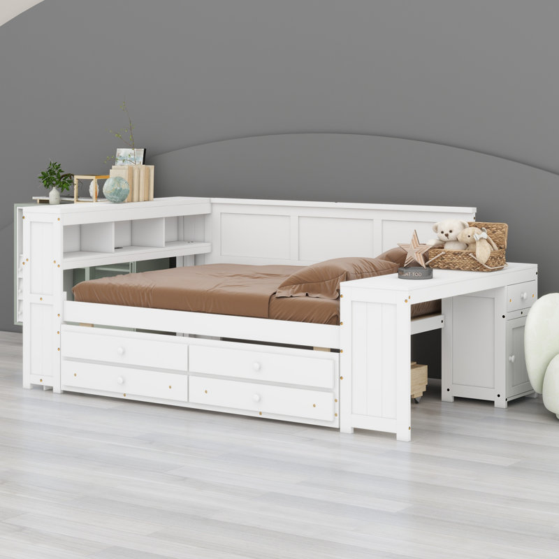 Versatile Daybed Featuring Storage Shelves, Drawers, Trundle, Charging Station, LED Light, Desk And Cabinet, White