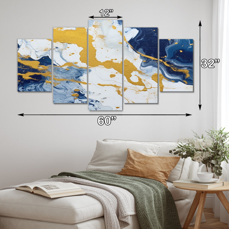 Bleu et or, art abstrait fluide de luxe, impression sur toile, fractales, 5 panneaux