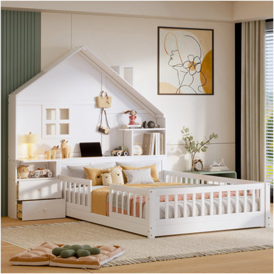 Full Size House Bed With Window And Bedside Drawers, Platform Bed With Shelves And A Set Of Sockets And USB Port, White