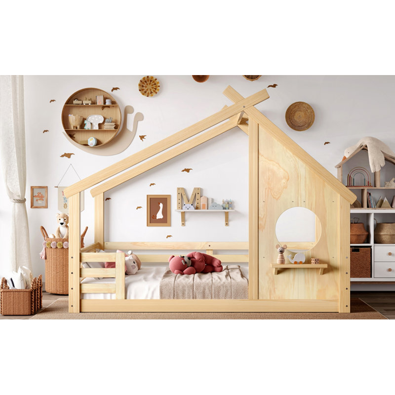 Lit House House avec fenêtre et petite tablette, Naturel, Double