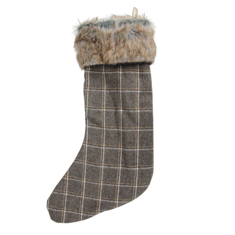 Chaussette de Noël 17,5 po à motif écossais gris et brun avec manchette