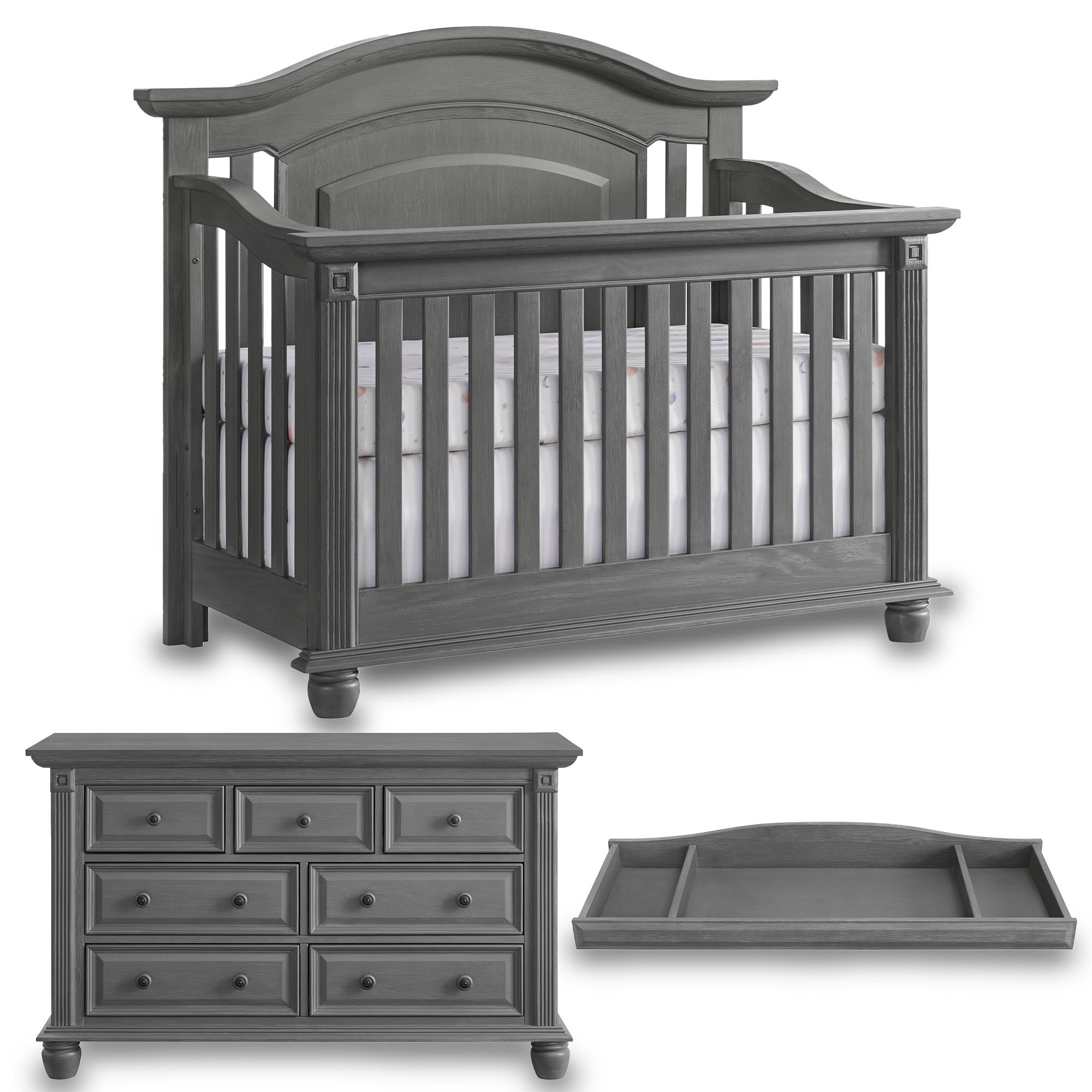 Oxford Baby London Lane 3 Piece Nursery Set Includes 4 In 1 Convertible Crib 7 Drawer Dresser And Changing Topper Arctic Grey