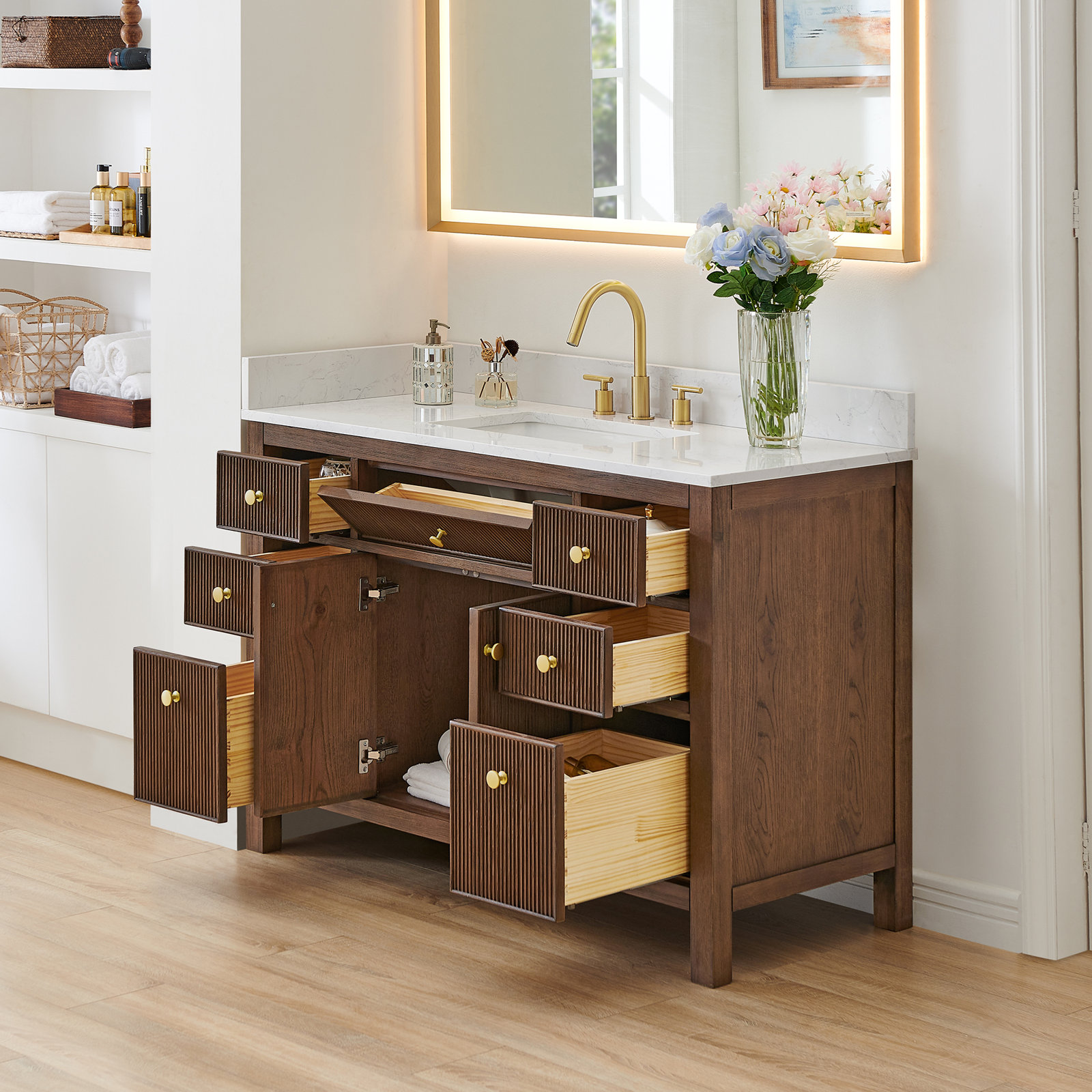 Lala 48" Single Bathroom Vanity with Grain White Engineered Stone Countertop without Mirror, Brown Brushed Oak