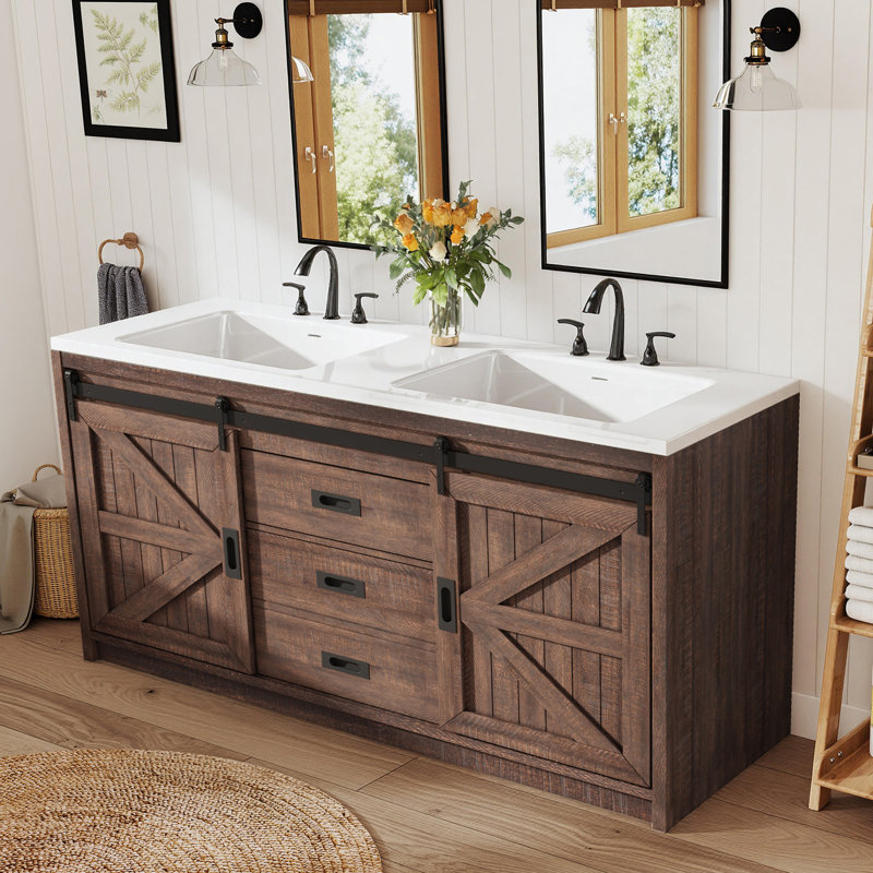 Ensemble de meuble-lavabo double en bois manufacturé 2 tiroirs 2 portes Chimira, 33.7" H x 60" W x 21.7" D, Blanc rustique