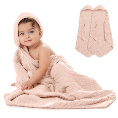 Comfy Cubs Hooded Baby Towel 2-Pack, Large 32 x 32 Inch - 6 Layer 100% Muslin Cotton - Soft & Absorbent Baby Bath Towels