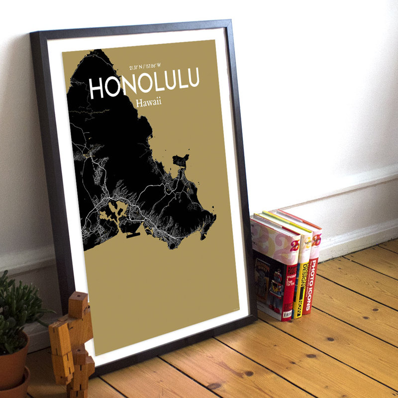 Honolulu City Map 1 Piece Wall Art, 61cm H x 45.7cm W x 0.13cm D