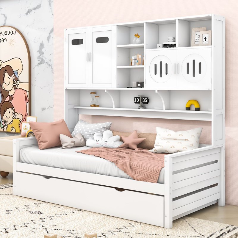 Talleyran Modern Wood Daybed with Trundle and Storage Shelves, Twin, White