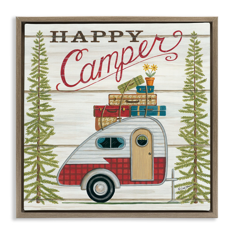 «Rustic Happy Camper», art mural encadré sur toile flottante par Deb Strain, Cadre flottant orme Montalcino