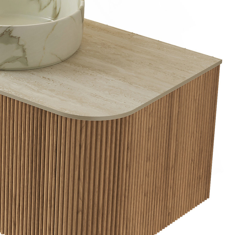 Armoire murale en contreplaqué 60 po avec 2 tiroirs, comptoir en pierre frittée en travertin romain, sans lavabo, sans robinet ni drain, couleur grain de bois naturel