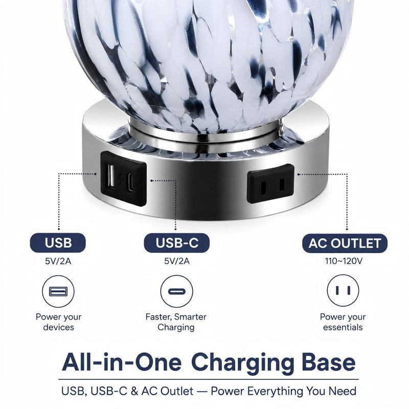 Darrius 27.5" Blue Glass Table Lamp with USB Type-C Ports and Built-in Outlet