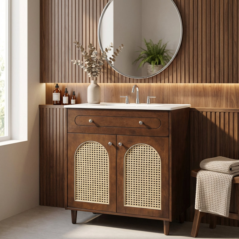 Meuble-lavabo moderne de 30 pouces avec lavabo en céramique intégré et rangement réglable, Noyer / argent
