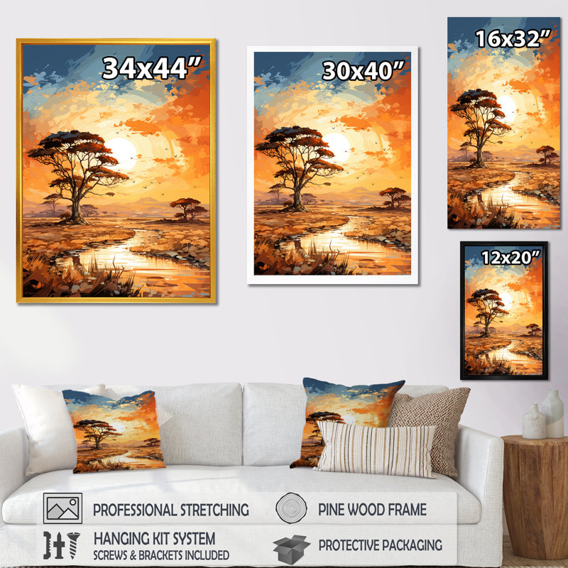 «African Sunset Essence Savanna Harmony III», art mural arbre africain, H 60 po x l 28 po x P 1,5 po, Cadre flottant brun
