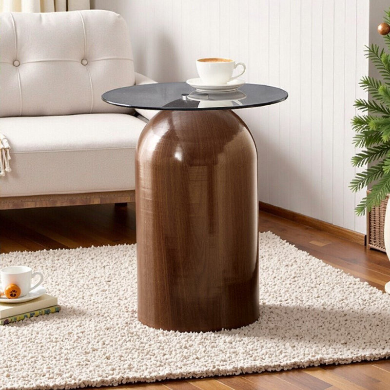 Table basse ronde en verre trempé pour le salon, utilisation polyvalente, Noyer