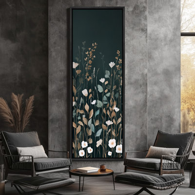 «Tranquil Botanical Garden - Minimalist Beige and White Floral Field on Dark Dark - Large encadrée, reproduction d'art sur toile encadrée dans la chambre principale