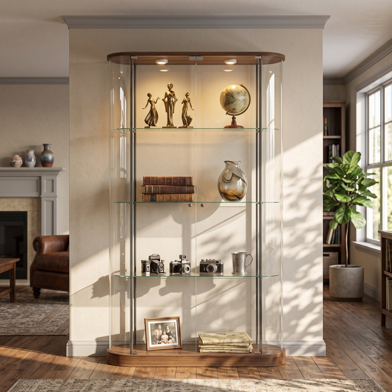 Vitrine vitrée incurvée à 360° de 70,9 pouces de hauteur, avec 3 tablettes en verre, éclairage DEL à couleurs changeantes et télécommande.