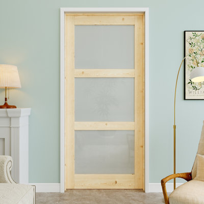 Porte pré-suspendue intérieure en bois de pin et verre givré 32 po x 80 po 3-Lite avec charnières noires, dalle de porte d'intimité en verre, à peindre et imperméable, combinaison pour la lessive, portes de placard, portes de chambre, main gauche