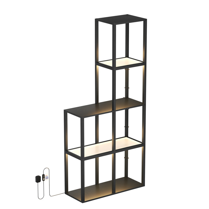 Bibliothèque géométrique à 5 niveaux avec lumières DEL à intensité variable, tablette moderne avec télécommande et télécommande pour salon et bureau