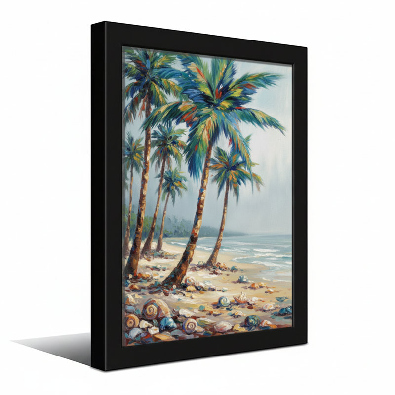 Plantes et fleurs, plage tropicale, palmiers, coquillages, vue sur l'océan, H 24 po x l 16 po, Toile tendue