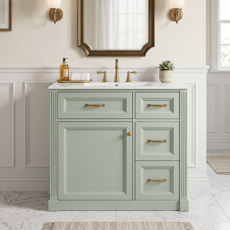 Meuble-lavabo autoportant à un lavabo de 91 cm (36 po) de couleur verte, avec comptoir en céramique et porte d'armoire à fermeture amortie