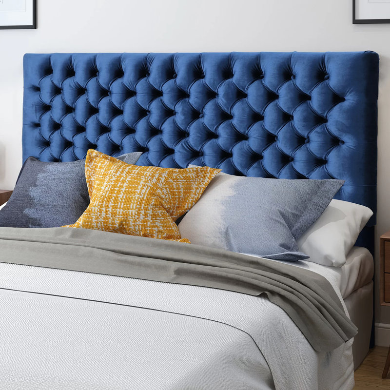 Tête de lit à boutons en velours bleu marine, grand lit, réglable, décoration de chambre à coucher moderne avec revêtement en velours, couture, réglable pour la maison