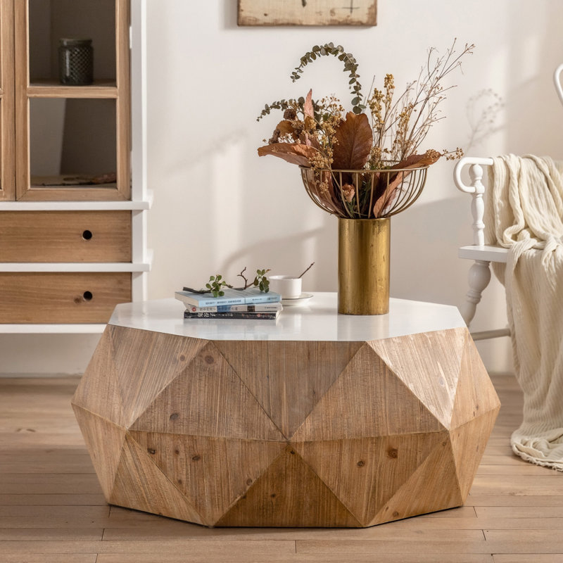Three-Dimensional Embossed Pattern Design American Retro Style Coffee Table, White/Oak, 16.33" H x 38.18" L x 31.49" W