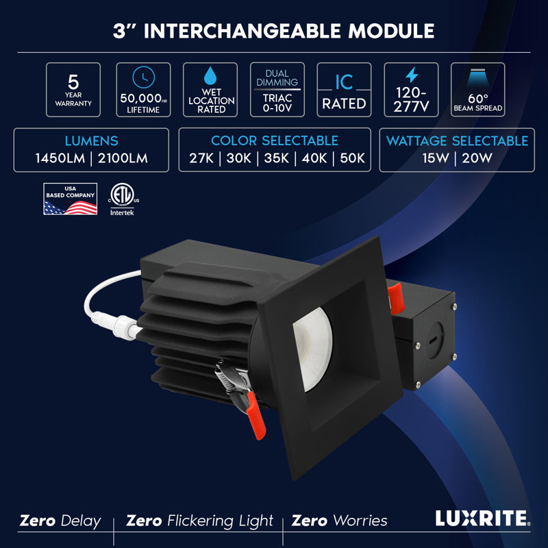 Luxrite 3 po Éclairage encastré à DEL sans cadre avec garniture carrée noire interchangeable, 5CCT, CRI90, 15 / 20W, 1450 / 2100LM, à intensité variable, faisceau de 60 °, calibre humide