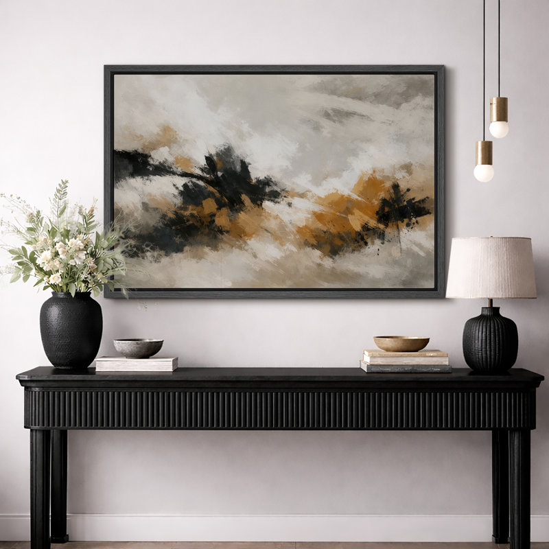 Bold Neutral Abstract Artwork with Black and Ochre Forms, Living Room Pictures, Framed Canvas Giclee Print Wall Art