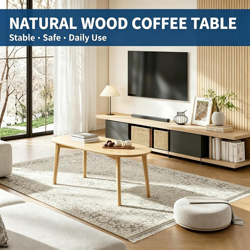 Table basse ovale en bambou de style moderne du milieu du siècle - Pieds en bois massif, couleur bois naturel - Table basse idéale pour le salon