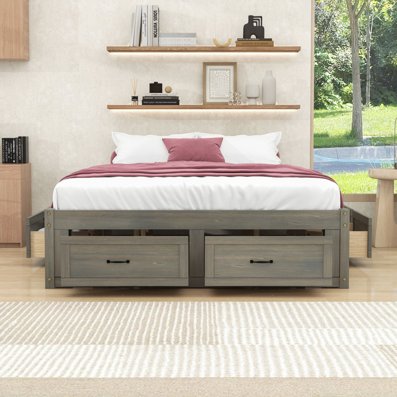 Lit plateforme en bois avec rangement spacieux et pieds, Gris antique, Grand lit