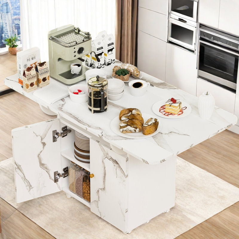 Table de salle à manger rabehi pliante avec 6 roues, support de rangement, armoire et texture marbre