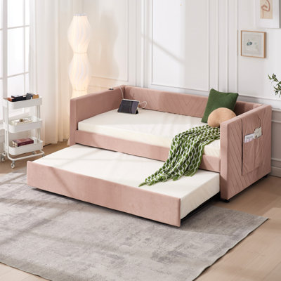 Lit de jour rembourré deux places avec lit gigogne, hublot, poches latérales, design moderne en velours grainé en V pour chambre à coucher et chambre d'amis, couleur rose, sans sommier, gain de place, facile à assembler.