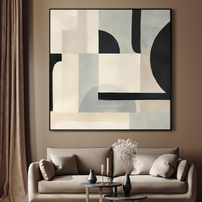 Très grande reproduction d'art sur tissu - formes géométriques neutres, décor abstrait pour le salon ou la chambre à coucher - «Assemblage requis du cadre (cadre non fini)»