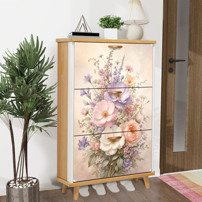 Rangement pour chaussures avec 3 tiroirs rabattables pour un élégant rangement floral pastel avec pivoines et fleurs sauvages